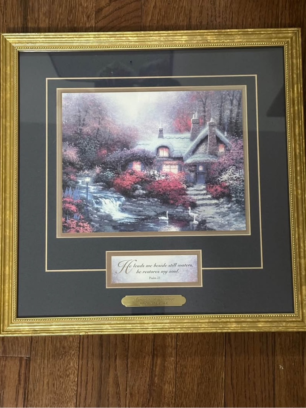 Psalm 23 Thomas Kinkade Framed Art- "Evening at Swanbrooke Cottage" with COA